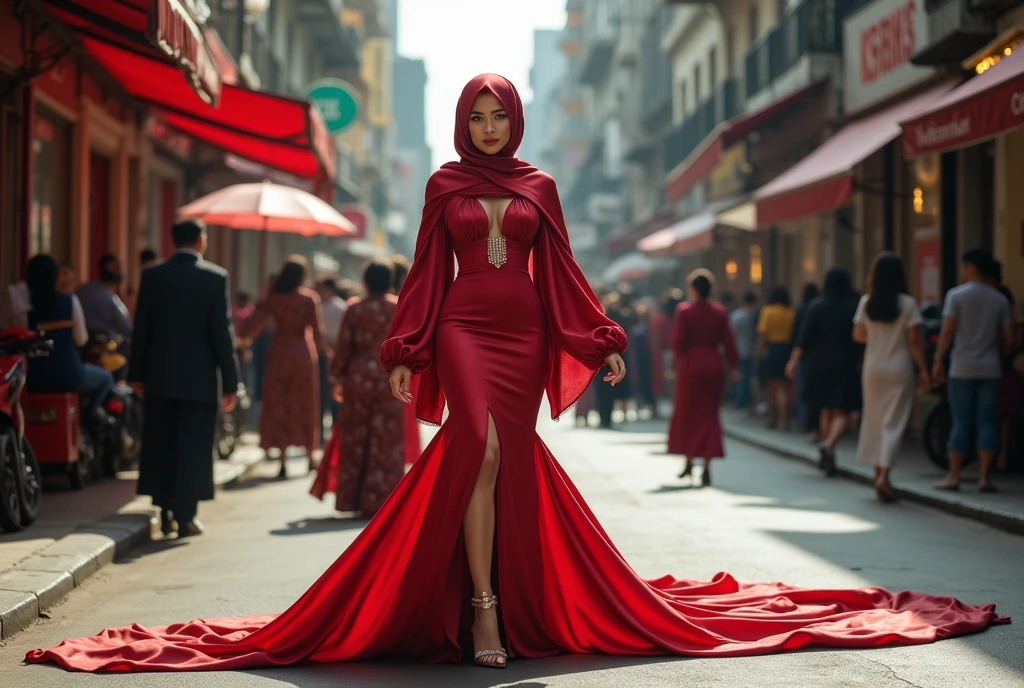 An malay woman in glamorous mermaid evening gown with long ballon sleeve, long satin scarf wrapped around her arms, wear jewellery, wear modern satin hijab, entirety of fabric over botom dress about 7 meters in length trailing dramatically, glamours style, overlong dress train, extreme detail on the texture of the fabric, wear high heels, sexy random pose in crowded street, beautifull lighting, ultra realistic, high-resolution photography.