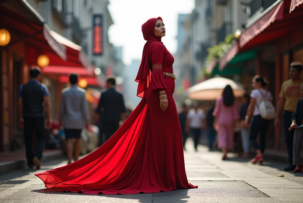 An malay woman in glamorous mermaid evening gown with long ballon sleeve, long satin scarf wrapped around her arms, wear jewellery, wear modern satin hijab, entirety of fabric over botom dress about 7 meters in length trailing dramatically, glamours style, overlong dress train, extreme detail on the texture of the fabric, wear high heels, sexy random pose in crowded street, beautifull lighting, ultra realistic, high-resolution photography.