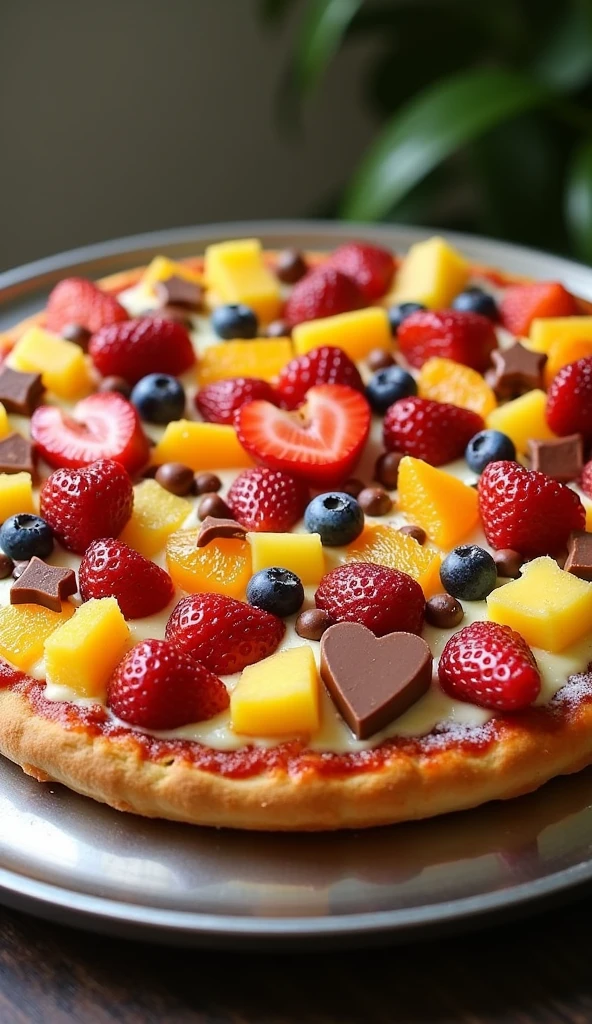 A large pizza made of various fruits and cute chocolates，Very tasty，The aroma is attractive