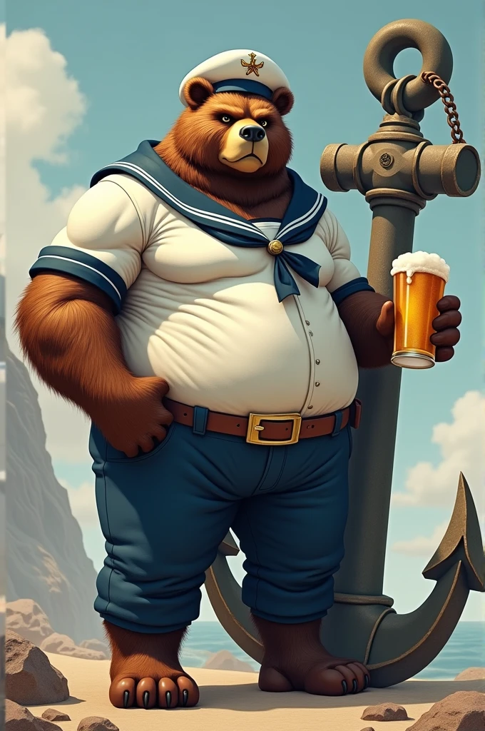 A very muscular bear dressed as a sailor with a chopp beer in his hand, a giant anchor without water.