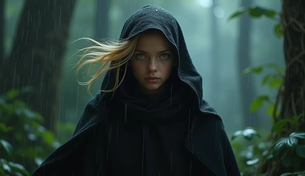 Character based on the world of Star Wars, a young sith lord, dark blonder haired, yellow eyes, dark simple cloack, in the dark rain florest, realism, cry