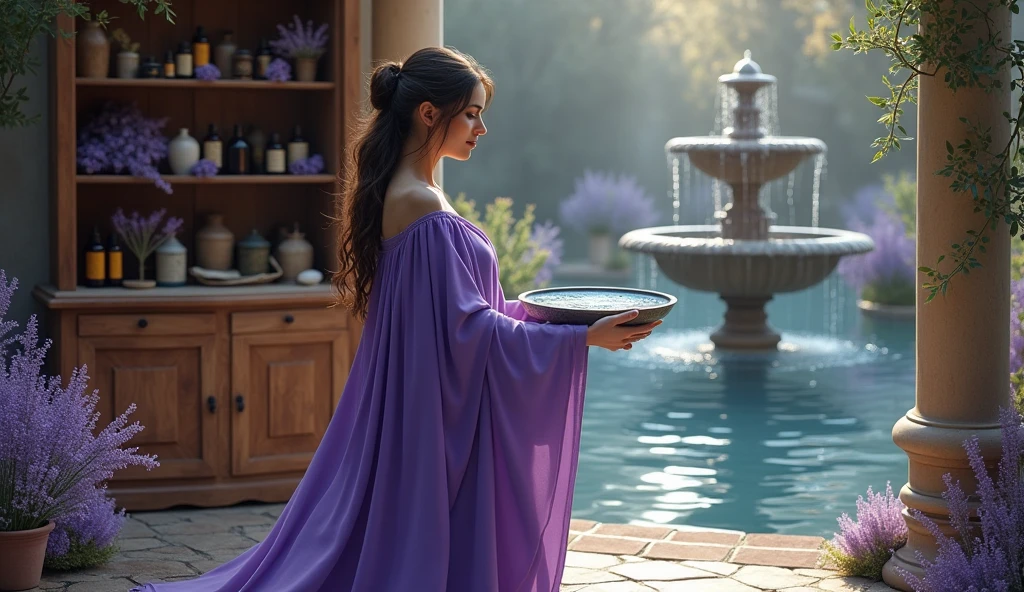 woman in violet priestess cape holding bowl of water, with water inside, convey depth, in the background a cupboard with various aromatic herbs, essential oils, Lavender, a large fountain with water behind it
