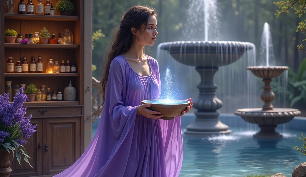 woman in violet priestess cape holding bowl of water, with water inside, convey depth, in the background a cupboard with various aromatic herbs, essential oils, Lavender, a large fountain with water behind it