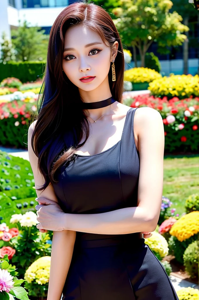 Tzuyu 1, woman, (Realistic), (Hyperrealism), (photoRealistic), Written boundary depth, eye make up:0.7 (whole body:1.8), (Large Bust),(Tight waist), Observe the audience,At the flower garden, Fashion Model, Sexy black dress with open shoulders and neckline
