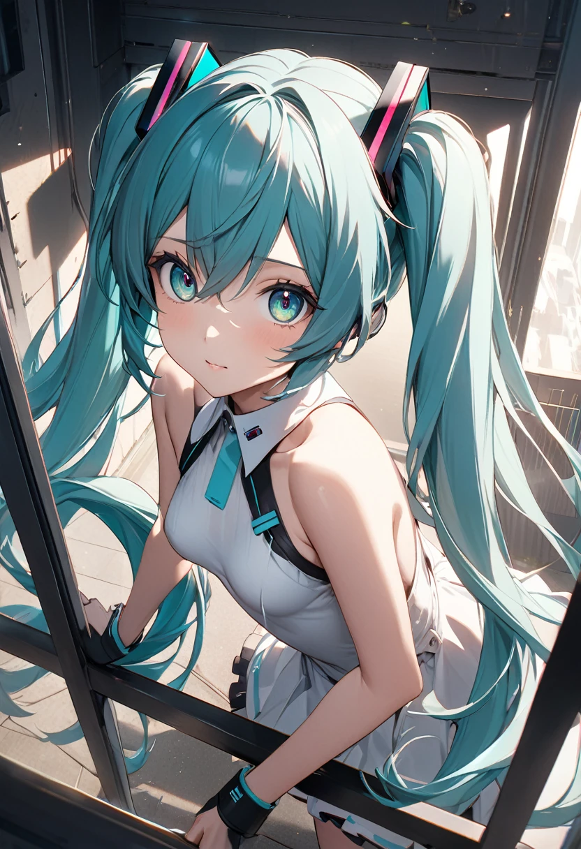 hatsune miku,Twin tails、No sleeve  (small breast:1.2), BREAK looking at viewer, BREAK outside, BREAK (masterpiece:1.2), best quality, high resolution, unity 8k wallpaper, (illustration:0.8), (beautiful detailed eyes:1.6), extremely detailed face, perfect lighting, extremely detailed CG, (perfect hands, perfect anatomy),whole body