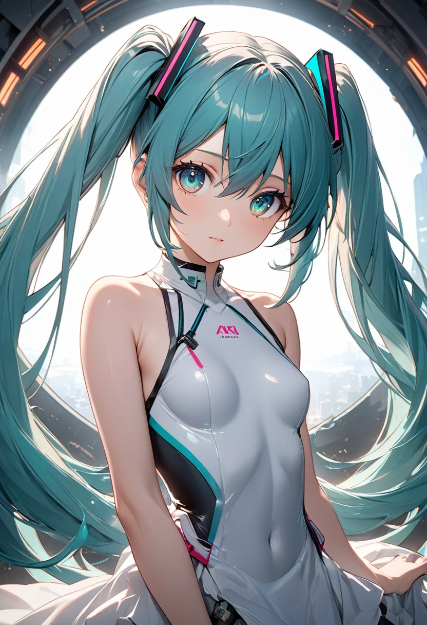 hatsune miku,Twin tails、No sleeve (small breast:1.2), BREAK looking at viewer, BREAK outside, BREAK (masterpiece:1.2), best quality, high resolution, unity 8k wallpaper, (illustration:0.8), (beautiful detailed eyes:1.6), extremely detailed face, perfect lighting, extremely detailed CG, (perfect hands, perfect anatomy),whole body
