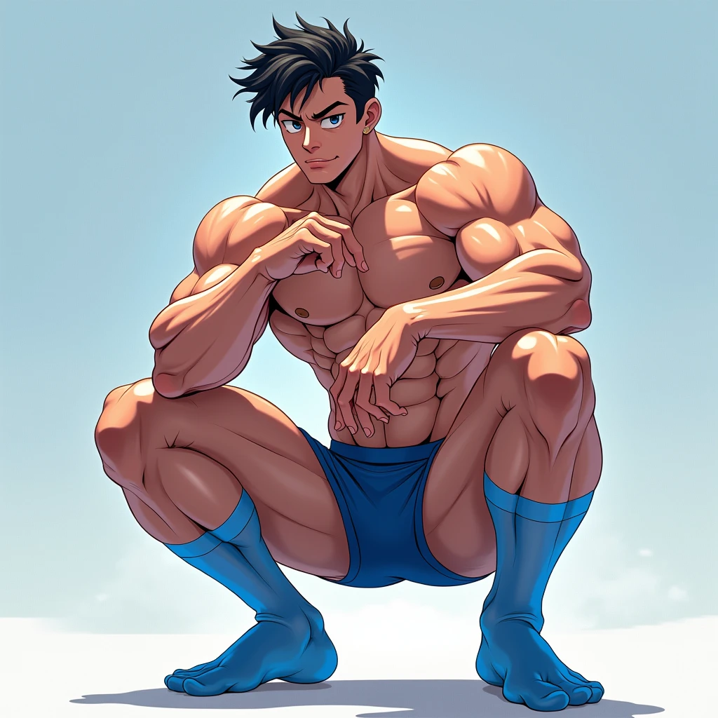 anime art, a guy, fit body, wearing blue underwear, big masculine bulge, and transparent blue sheer socks, squatting down