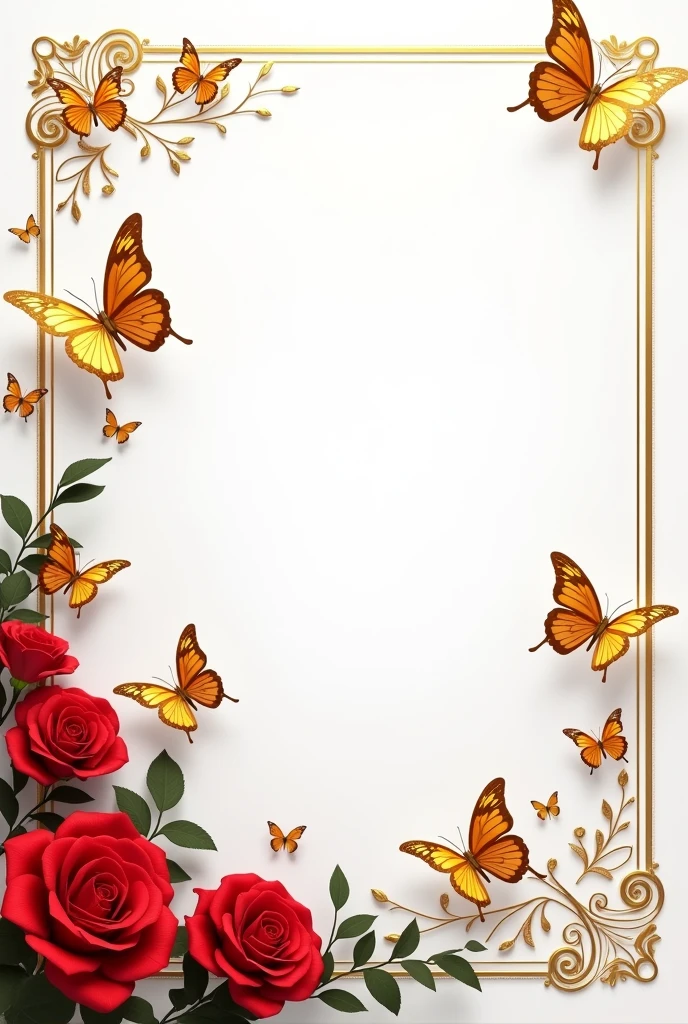 Invitation card. Gold border with many gold butterflies of different sizes and red roses with a white background that does not look like a painting