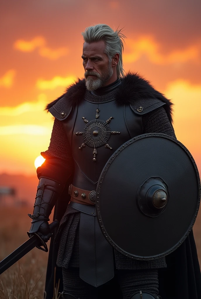 A tall man, sem beard, with silver and spiky hair, eyes with silver iris, At the sunset, with black medieval armor with a black sun on the chest, with a circular shield and a long sword in his hands and fighting