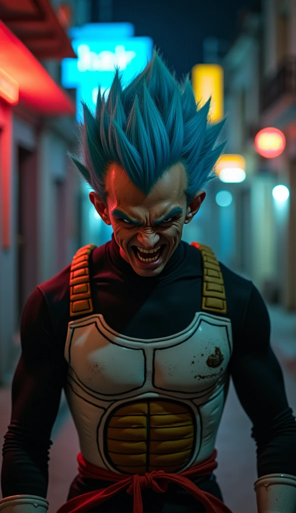 vintage photo of an Unattractive Indonesian man, dress like VEGETA, blue spiky hair, black shirt with saiyan armour. fierce look, angry expression. 70s era. 70s vibe. nigh time, very dark in the background of abandoned blade runner alley. neon lights. 8k uhd, shadow, reflection