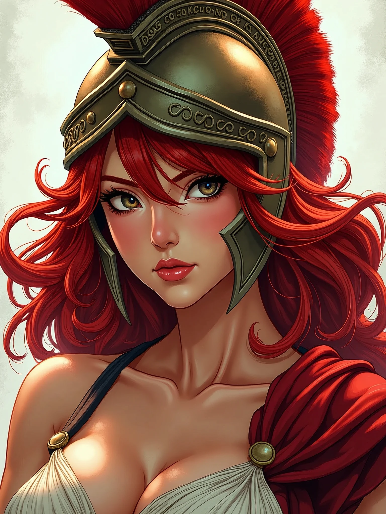 athena wearing roman helmet, red hair, manga style, digital art