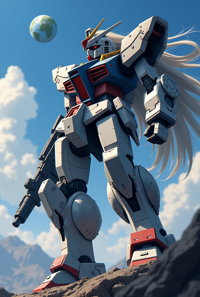 (masterpiece:1.2, best quality,high resolution,Very detailed),8K,wallpaper,(Very detailed),(Armored Core Style),Long-haired beauty wearing mecha,Looking at the Earth in my hand