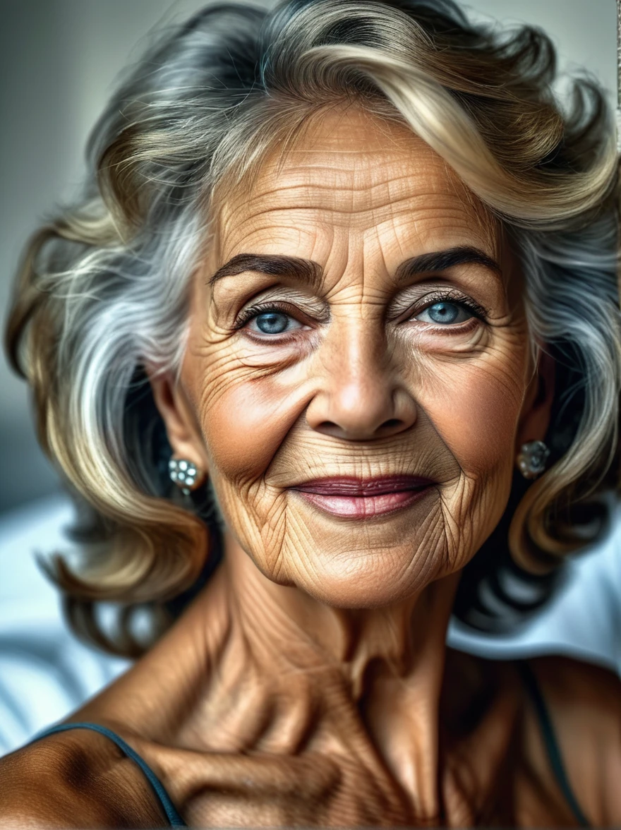 masterpiece, intricate detail, 8k, HdR,
She was once a model.. She is now 75 years old but her face is young and beautiful.., His eyes still sparkle with mischief, and her mouth is still seductive, Her skin is soft and defies her age, her hair is shiny. The glory of femininity.