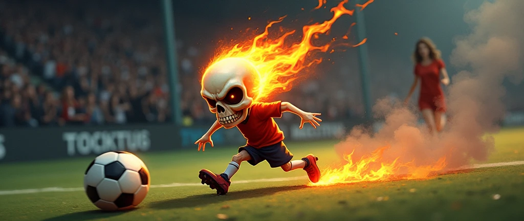 A captivating illustration of a small, angry flaming skull of short stature, showcasing exceptional speed as it plays soccer. The skull,adorned with a tiny jersey and soccer cleats, is on fire, leaving a trail of smoke behind. The background reveals a soccer field,The crowd cheers in the stands, as the skull skillfully navigates through the field. In the background is a sexy girl, dark fantasy