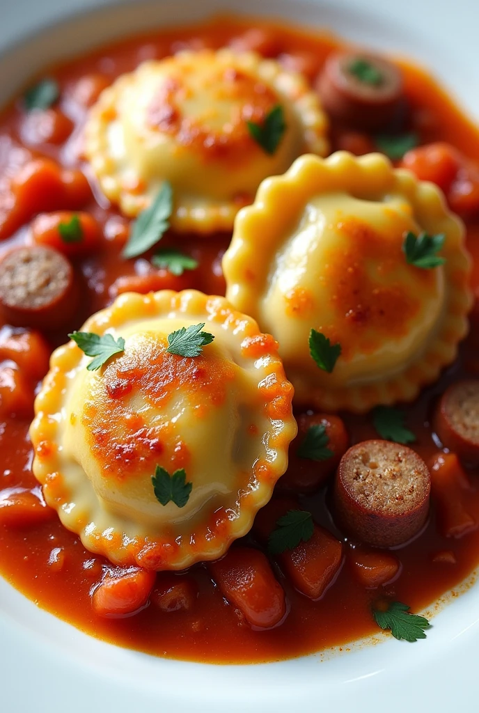 A recipe, a cheese-filled ravioli in a sausage ragu sauce Take a picture from above to get the whole dish, round ravioli Finely chopped sausages, onion and tonate sauce