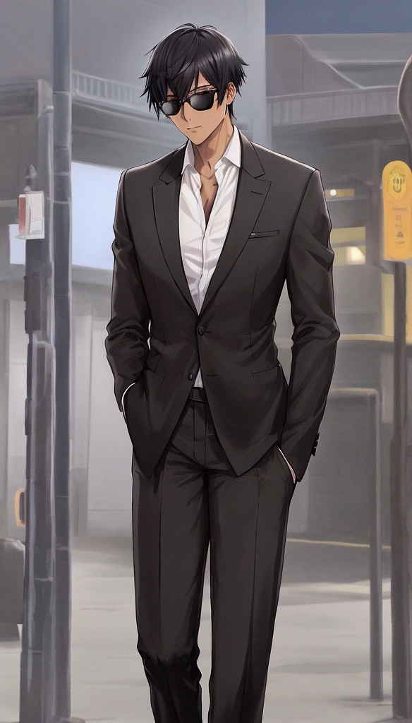 A Really Tall Short Black Haired Anime man with black eyes,Sexy tall slim bald man in elegant black suit with black sunglasses wearing thin gray jacket,Outside at Walmart at the town of Fishkill New York,warm summer night