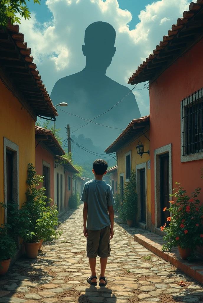 Could you make a cover for this story?:
The Shadow in the Village In the peaceful village of Esperanza, Life continued its course with a tranquility that seemed eternal.. Its cobbled streets were adorned with warm-coloured houses., and the aroma of the flowers in the gardens mixed with the joyful sound of the children playing in the square. Life was simple and serene, and the community was held together by friendship and mutual respect..
However, Esperanza's calm was disturbed when a dark shadow, invisible but palpable, began to spread among the inhabitants. This shadow had no shape or face, but it was manifested in the cold glances, Harsh words and hostile gestures. It was violence, that had slowly infiltrated everyday life, corroding the fabric of the community. Nobody knew how it had started., But what were once minor arguments turned into heated fights and violent confrontations..
Mateo, a ten year old boy, He was known for his inexhaustible energy and kind nature.. His life changed dramatically when he began to notice the effects of the shadow on his own family.. Mateo lived with his father, Thomas, a man known for his gentle nature and sense of humor, and his mother, Isabel, whose warmth and love were the pillar of the family. However, with the arrival of the shadow, Thomas comenzó a cambiar. His days were filled with frustration and anger., and his interactions with neighbors became increasingly tense..
An afternoon, Mateo saw a scene that broke his heart. His father was in the middle of a heated argument with Don Pedro., a neighbor with whom I used to have a friendly relationship. The reason for the conflict was a small piece of land that both claimed as theirs.. Mateo saw his father with his face red with fury and his fists clenched with an intensity unknown to him.. The shadow of violence had taken control of his father, and Matthew was overwhelmed by the