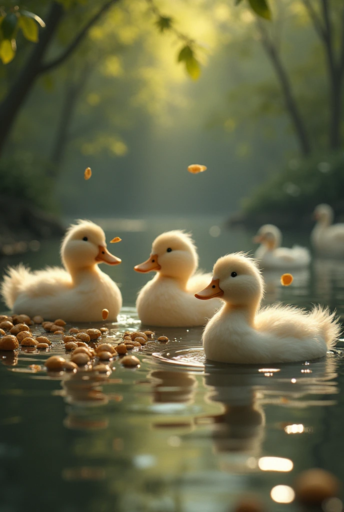 Recreate the fable of the ducks and the breadcrumbs in a professional manner and not so much as a caricature
