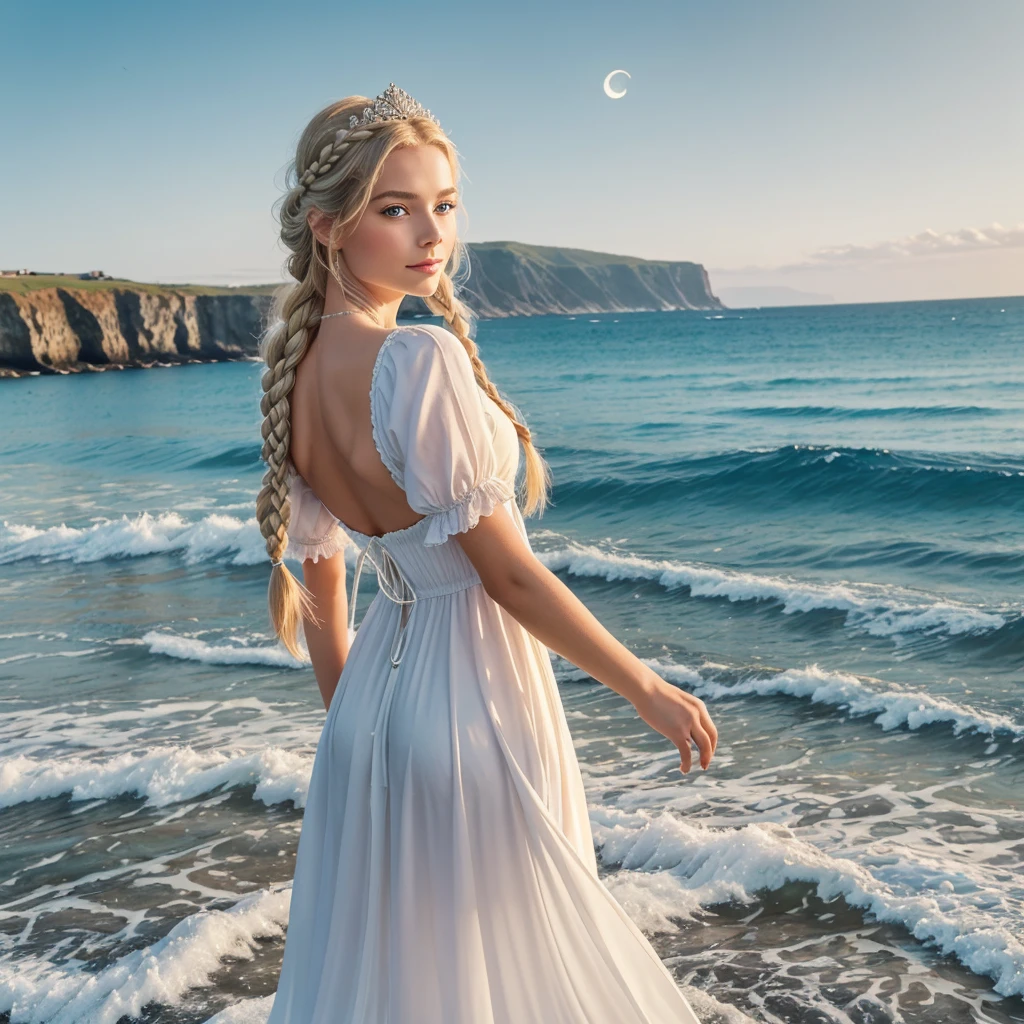 ,((Best quality))),8k,((Masterpiece)),(Extremely refined and beautiful), there is a girl coming out of the sea, a swan princess in Russian mythology, beautiful calm face, blue eyes, long blonde hair braided, the moon braided hair on the back of the head, white old Russian shiny clothes with a Kokoshnik crown on his head, affectionate eyes, half a smile, a gentle expression on his face, seascape and sunlight in the background, seagulls in the sky, full length, realism