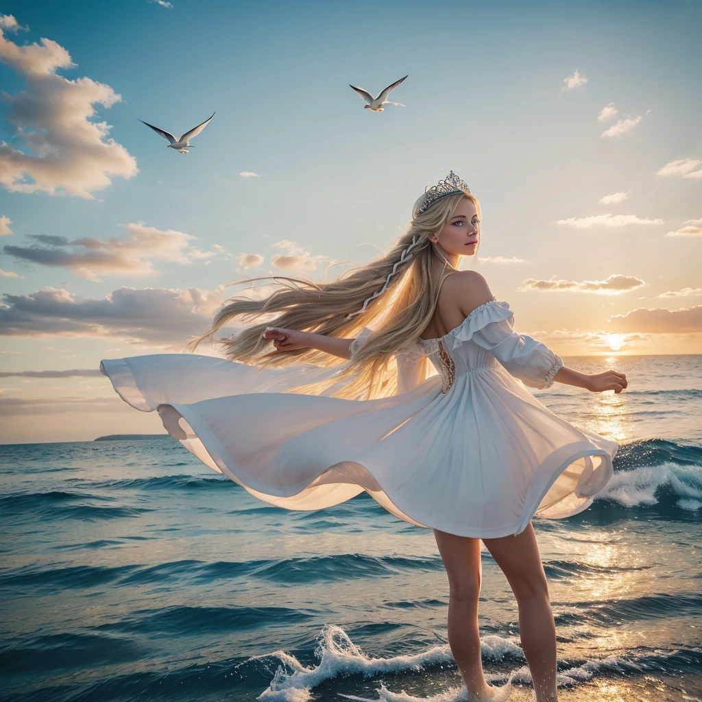 ,((Best quality))),8k,((Masterpiece)),(Extremely refined and beautiful), there is a girl coming out of the sea, a swan princess in Russian mythology, beautiful calm face, blue eyes, long blonde hair braided, the moon braided hair on the back of the head, white old Russian shiny clothes with a Kokoshnik crown on his head, affectionate eyes, half a smile, a gentle expression on his face, seascape and sunlight in the background, seagulls in the sky, full length, realism