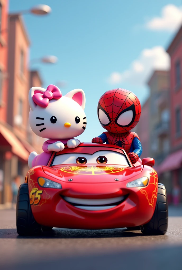Hello kitty con spiderman en carro de rayo mqueen