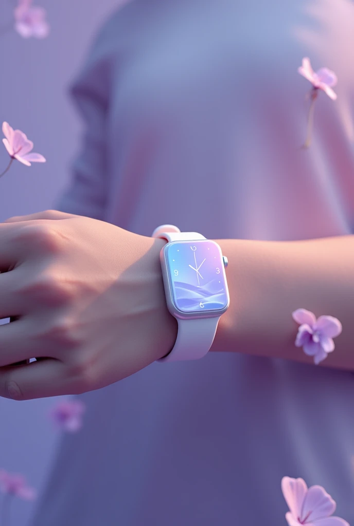 sereniwatch is a smartwatch that helps users with anxiety attacks to deal with moments of stress, create an image of a calm person wearing the white smartwatch on his arm bringing elements of purple and blue colors
