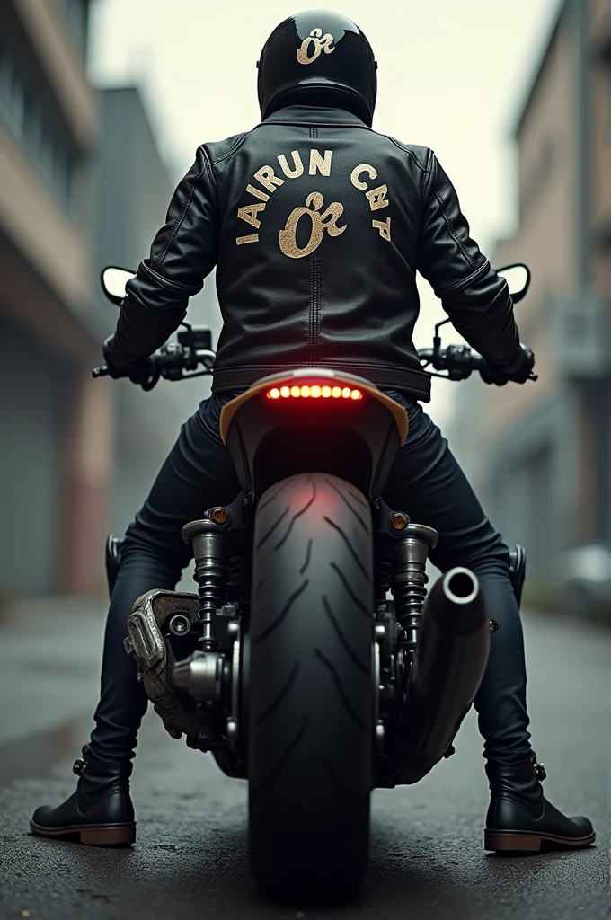 A motorcyclist on a motorcycle posing with a logo with the name Darwin Ch on the back