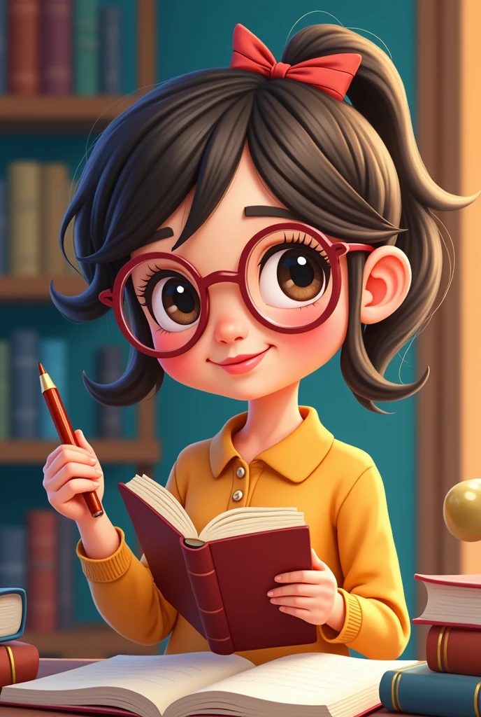A cartoon girl, with glasses on, with a book on her hand and a pen