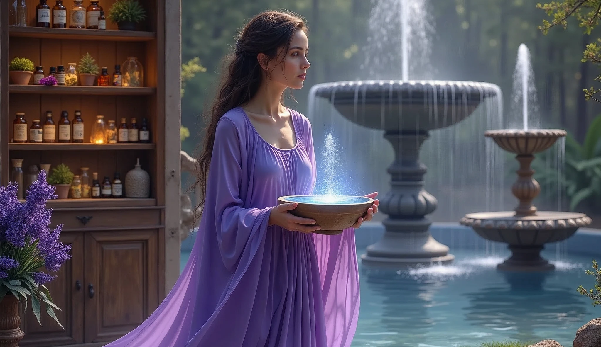 woman in violet priestess cape holding bowl of water, with water inside, convey depth, in the background a cupboard with various aromatic herbs, essential oils, Lavender, a large fountain with water behind it