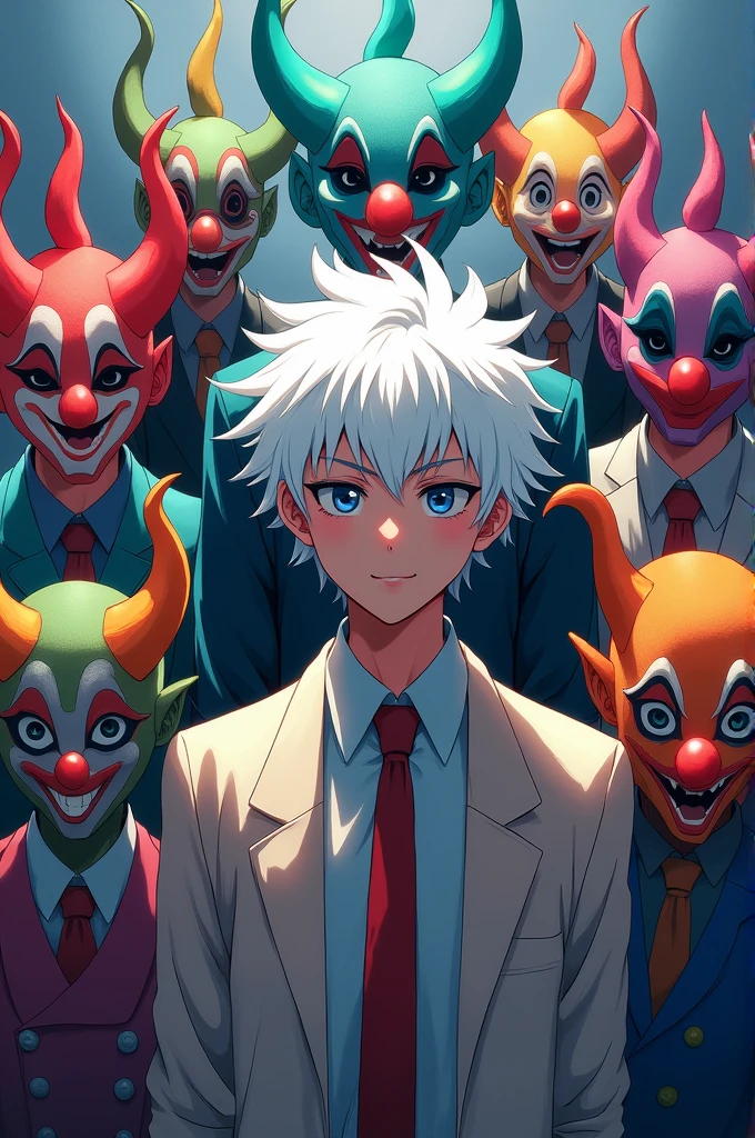 An anime picture of 10 geniuses wearing clown masks and one of them has white hair.