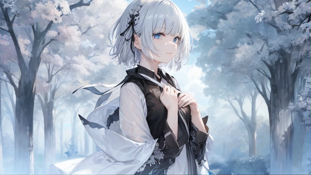 Ultra HD,Look at the viewers, Place your hands behind your back, and, 20-year-old, 非常にshort hair, Long bangs between the eyes, Pale blue eyes, Very detailed,(masterpiece、Highest quality),Gray Hair、Laughter、wonderful, Silver Hair, iris, short hair、 Fluttering Hair、Small face、明るいsmile、(Detailed face) ,Professional Lighting,wonderful風景,blue sky, sunlight,Looking down from above,Portraiture、Open your mouth、Flower Field、Her eyes were shining、Mysterious and enchanting atmosphere。With AI Painting、andてもshort hair, Long bangs between the eyes, Very detailed,(masterpiece、Highest quality)、alone、Gray Hair、Fantasy, Silver Hair, Fantasyな風景、smile、Open your mouth、short hair、short hair、hairpin、black eye、Grey Eyes、Beautiful Eyes、Black Shirt、White hoodie