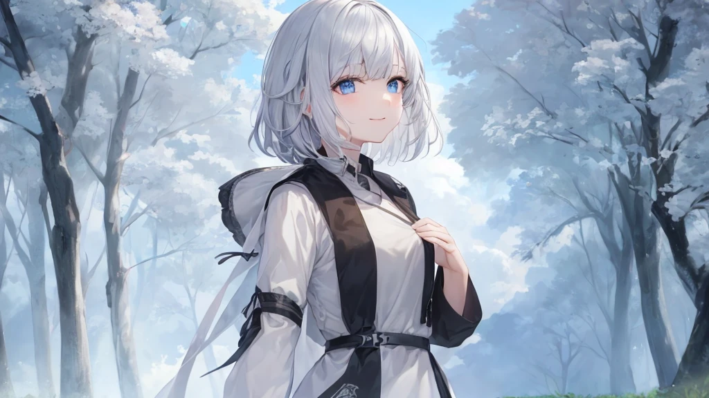 Ultra HD,Look at the viewers, Place your hands behind your back, and, 20-year-old, 非常にshort hair, Long bangs between the eyes, Pale blue eyes, Very detailed,(masterpiece、Highest quality),Gray Hair、Laughter、wonderful, Silver Hair, iris, short hair、 Fluttering Hair、Small face、明るいsmile、(Detailed face) ,Professional Lighting,wonderful風景,blue sky, sunlight,Looking down from above,Portraiture、Open your mouth、Flower Field、Her eyes were shining、Mysterious and enchanting atmosphere。With AI Painting、andてもshort hair, Long bangs between the eyes, Very detailed,(masterpiece、Highest quality)、alone、Gray Hair、Fantasy, Silver Hair, Fantasyな風景、smile、Open your mouth、short hair、short hair、hairpin、black eye、Grey Eyes、Beautiful Eyes、Black Shirt、White hoodie