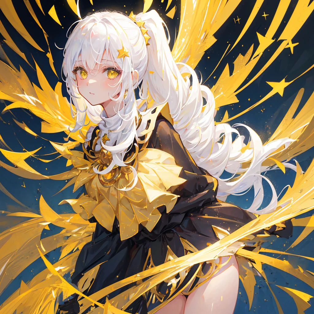 A girl with a white high ponytail，Hopeful expression，happy，White hair，Gorgeous clothes，Black gold tone，Stars are shining around the body，Gold decorations，((Pure yellow background))