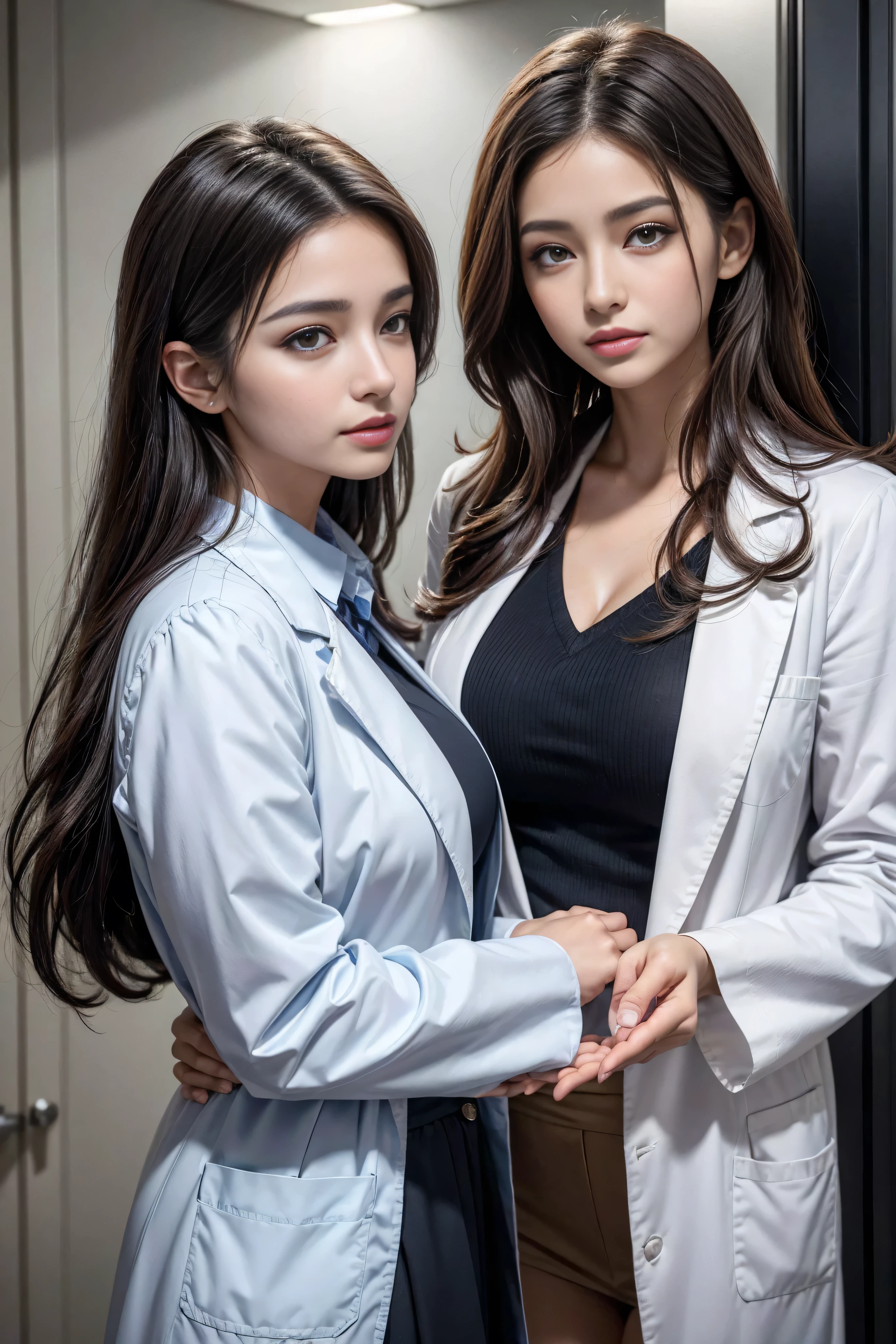 Realistic beautiful doctor、Stunning beauty、Doctor's white coat, Collared shirt、(Top quality、8K、32K、masterpiece、nffsw:1.3)、Ultra-high resolution,(Photorealistic:1.4),Original Photography, Delicate face,,Dark Brown Curly Hair, ((Doctor style)), , Black tight skirt、 Natural Makeup,, Full breasts、Inside the hospital, Detailed background, Perfect lighting, Depth of Field, Beautiful shadow gradient,Stethoscope ,