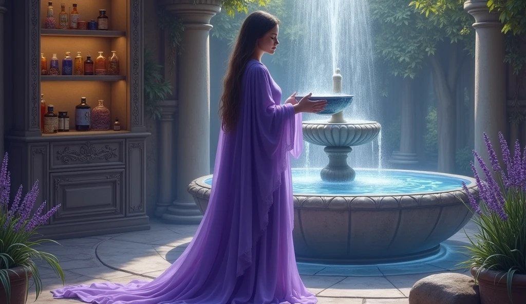 woman in violet priestess cape holding bowl of water, with water inside, convey depth, in the background a cupboard with various aromatic herbs, essential oils, Lavender, a large fountain with water behind it