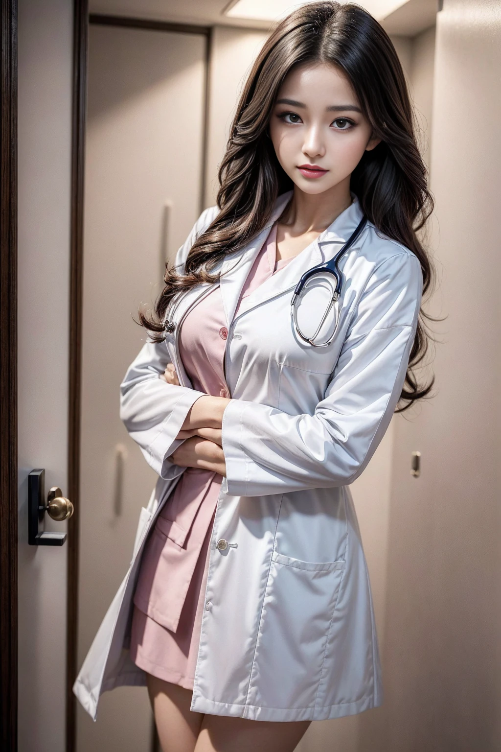 Realistic beautiful doctor、Stunning beauty、Doctor's white coat, Collared shirt、(Top quality、8K、32K、masterpiece、nffsw:1.3)、Ultra-high resolution,(Photorealistic:1.4),Original Photography, Delicate face,,Crimson curls, ((Doctor style)), , Black tight skirt、 Natural Makeup,, Full 、Inside the hospital, Detailed background, Perfect lighting, Depth of Field, Beautiful shadow gradient,Stethoscope ,
