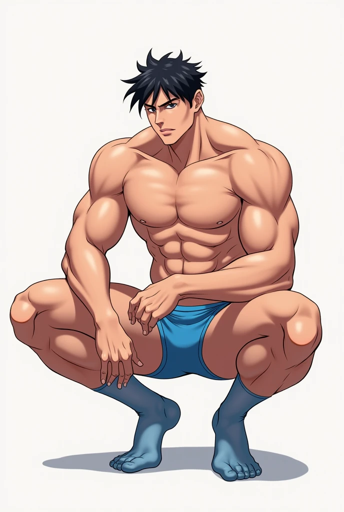 anime art, a guy, fit body, wearing blue underwear, big masculine bulge, and transparent blue sheer socks, squatting down