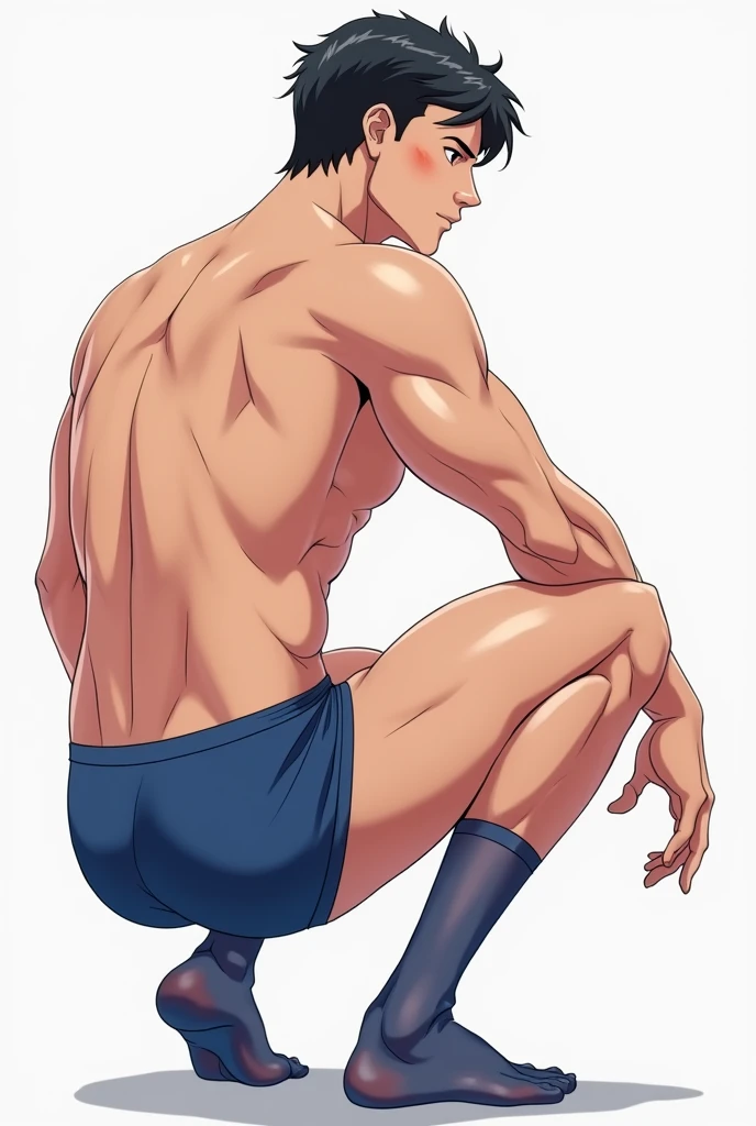 anime art, a guy, fit body, wearing blue underwear, big masculine bulge, and transparent blue sheer socks, squatting down
