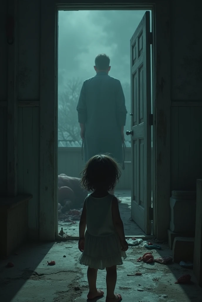 A child in a dark and gloomy home, with an alcoholic father slaughtering a pig in the background. The atmosphere must be eerie, reflecting trauma and violence in the home
