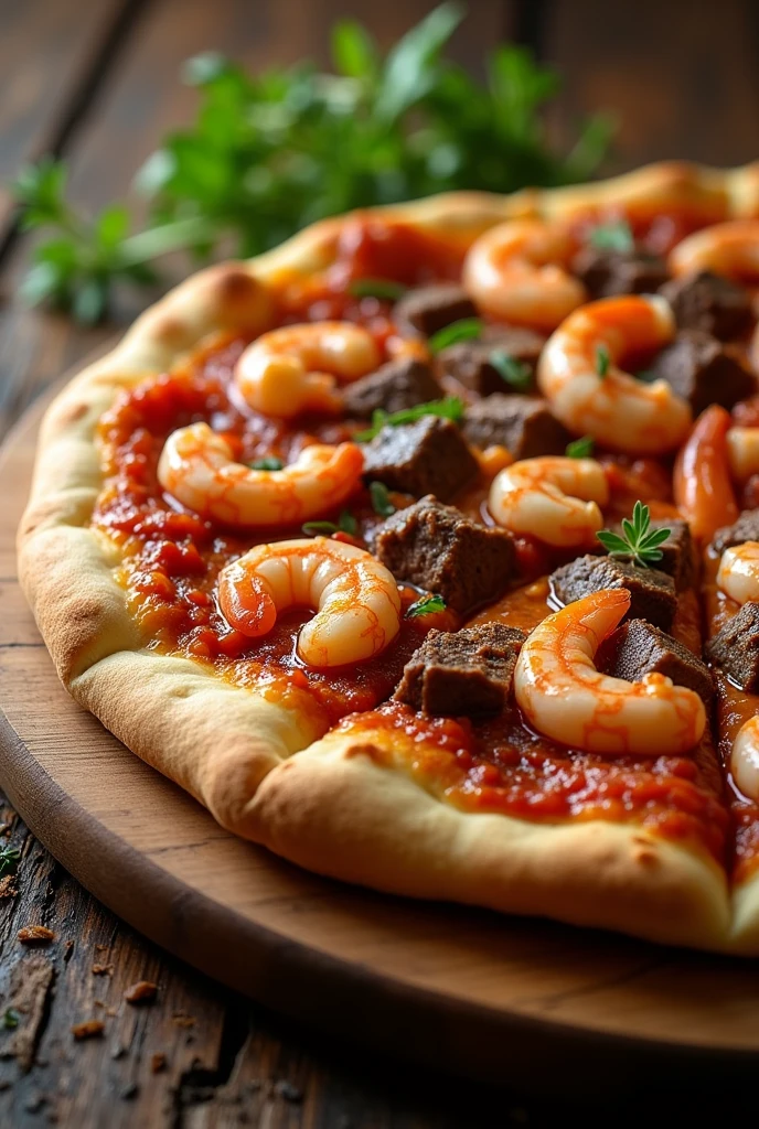 Large pizza with beef and shrimp,Very tasty,The aroma is attractive