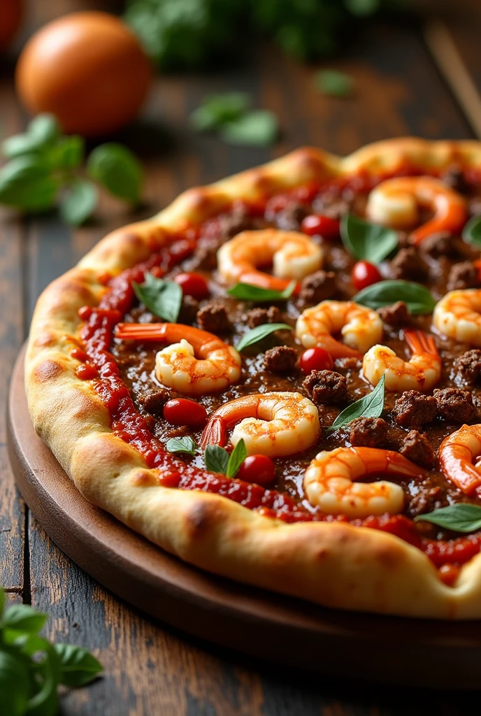 Large pizza with beef and shrimp，Very tasty，The aroma is attractive