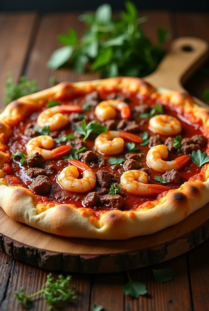 Large pizza with beef and shrimp,Very tasty,The aroma is attractive