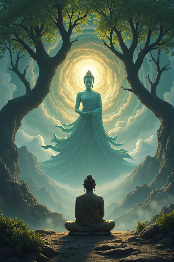 Buddha meditating under a Bodhi tree, with Mother Earth fighting the demons in the background.