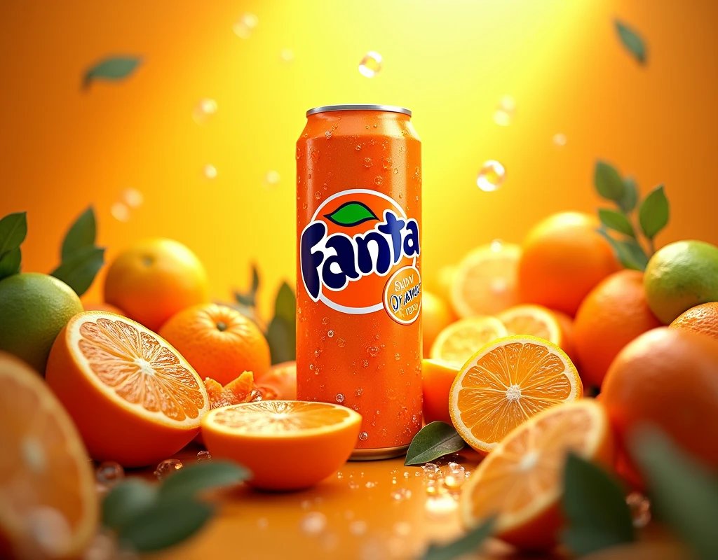 Make one with an orange-flavored Fanta can, surrounded by fresh fruit, with texture of bubbles and drops of orange juice, with an explosion of flavors and colors