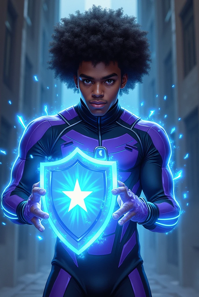 Create an image of a young, dark-skinned man, Black uniform with purple details and white afro hair using blue energy to generate a shield
