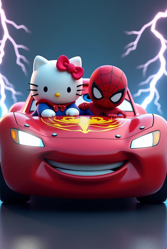 Hello kitty with spiderman in lightning mqueen sports car