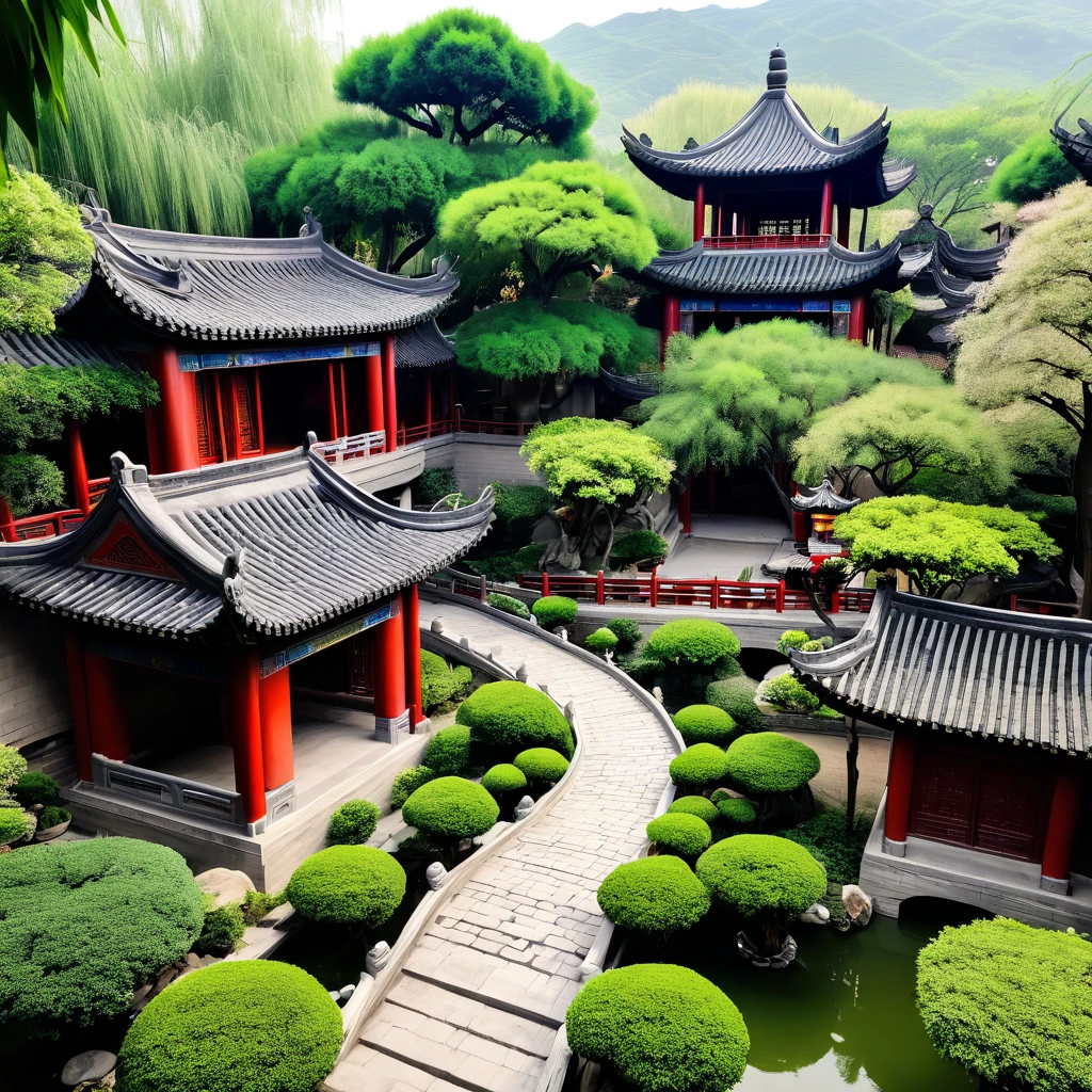 South City Garden，There is a pagoda in the middle，There is another bridge, Chinese Architecture, Chinese Architecture,, China Village, There is a beautiful ancient garden behind，Wang Xuetao&#39;style，Graininess，Structured，Clear details，Green Plants，Green Trees，Elegant colors，