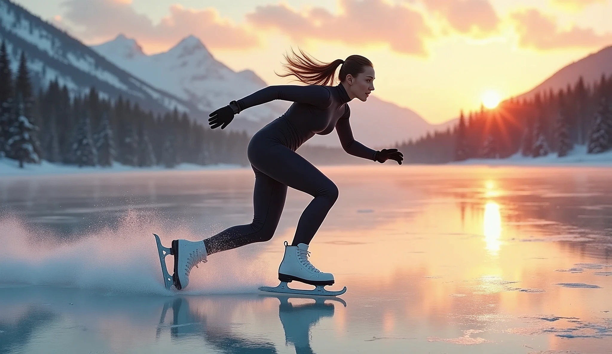 young woman skating on frozen lake, forest, behind, mountains with snow, clear sky, sunset, orange lights, POWERSLIDE SPEED FULL BODY SUIT, ice skates