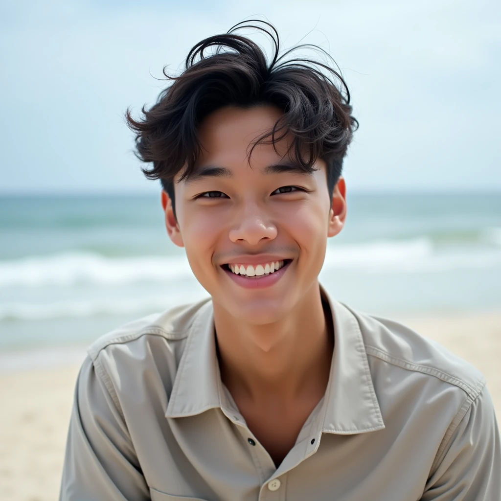 Indonesian male) 20 years old) white) wearing a casual shirt) looking straight at the camera and smiling, the background is a beach view, daytime) Close-up