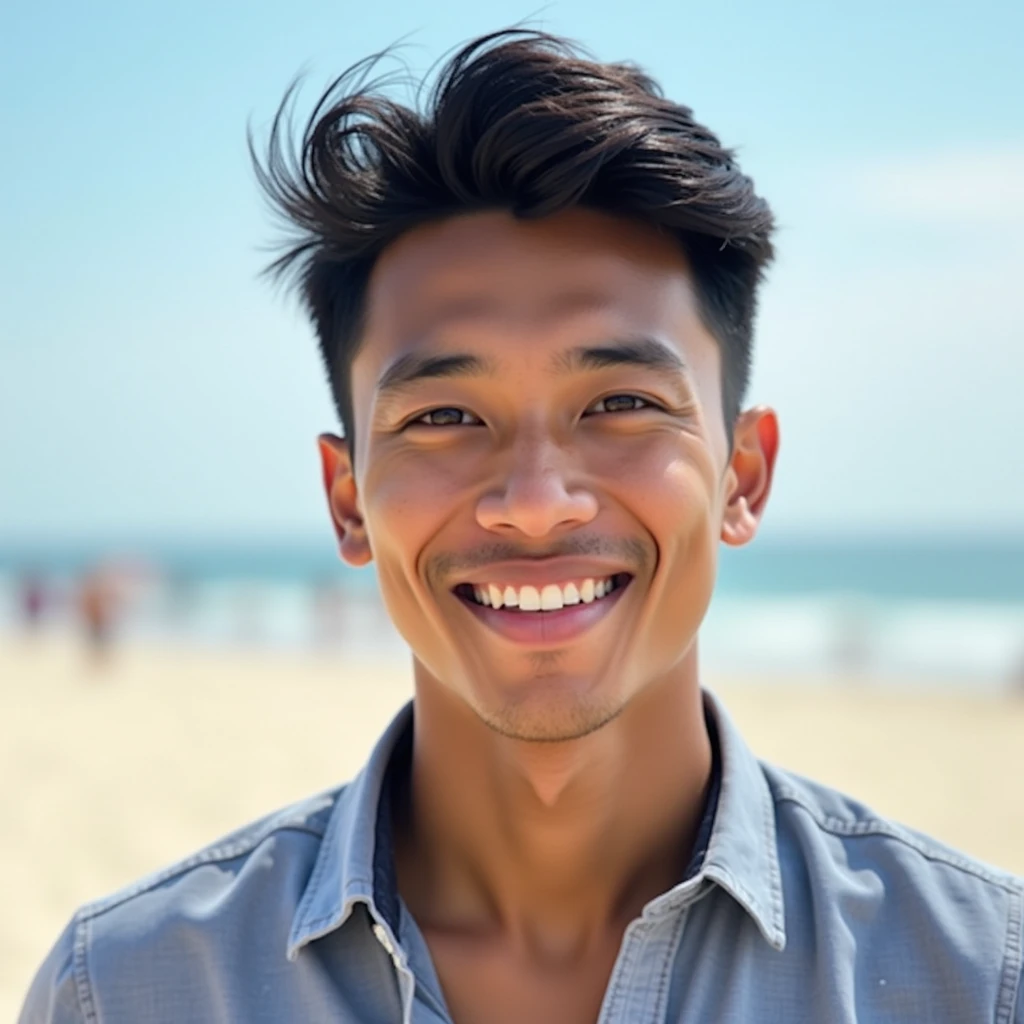 Indonesian male) 20 years old) white) wearing a casual shirt) looking straight at the camera and smiling, the background is a beach view, daytime) Close-up